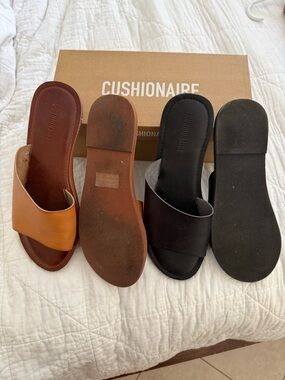 Cushionaire Leather Slide Sandals in Tan and Black